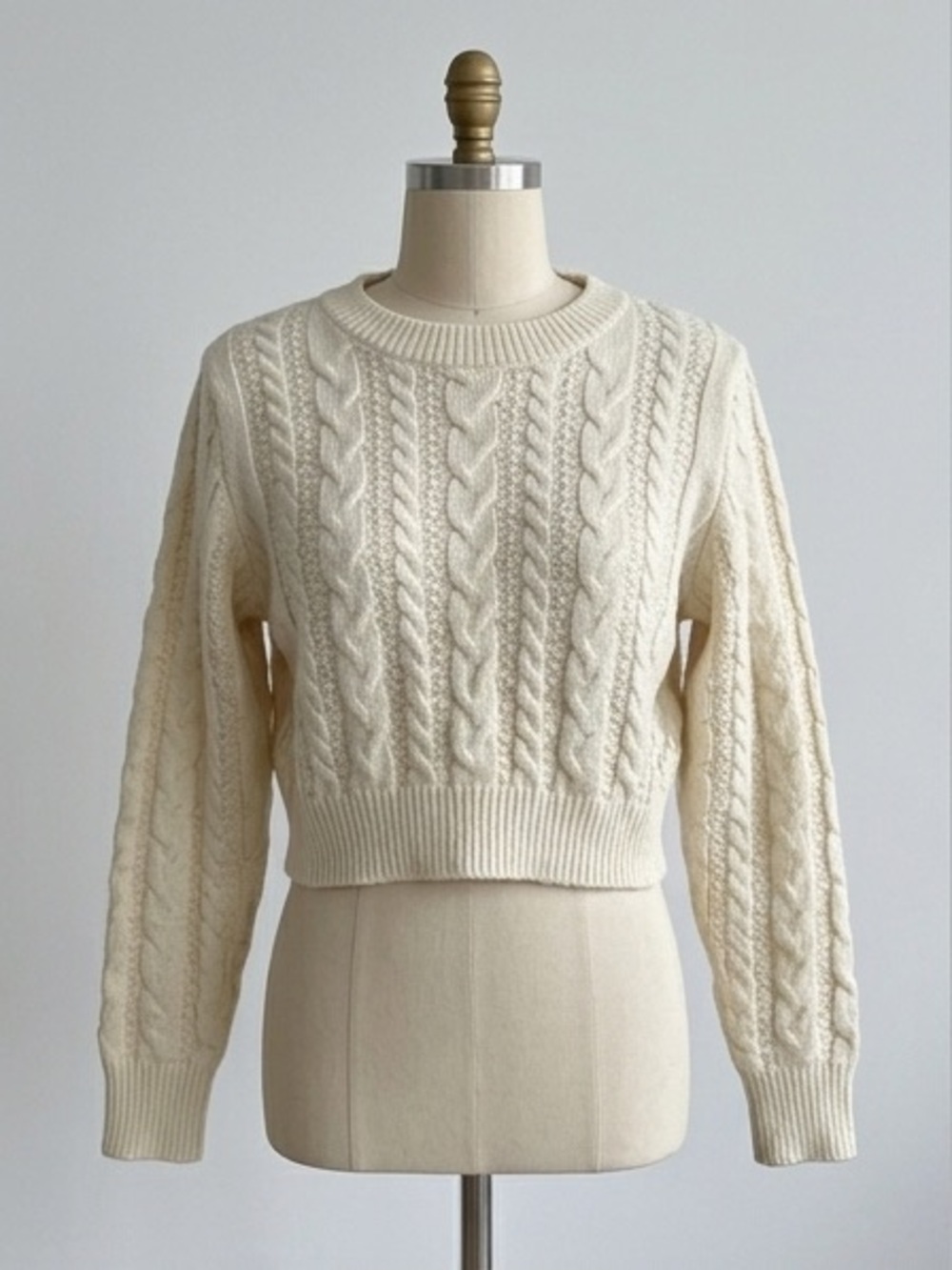 Cropped Cream Cable Knit Crewneck Sweater